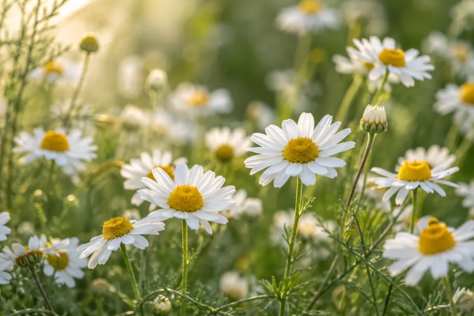 Witte madeliefjes in warm ochtendlicht