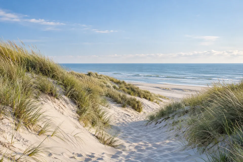 Duinen en zee onder een rustige blauwe lucht